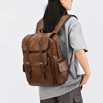 Retro Crazy Horse Leather Flip Cover Student School Bags Large Capacity Business Computer Backpack
