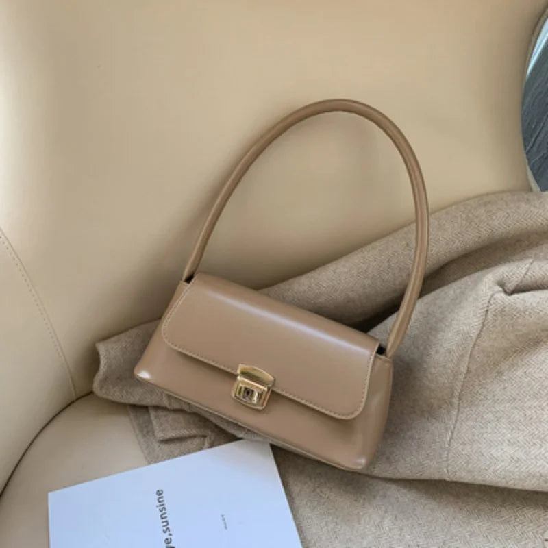 PU Leather Shoulder Bag with Gold-Tone Lock Closure