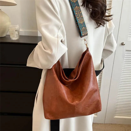 Stylish Beige Leather Tote Bag Decorative Printed Wide Strap Crossbody Bag Work Commute Large