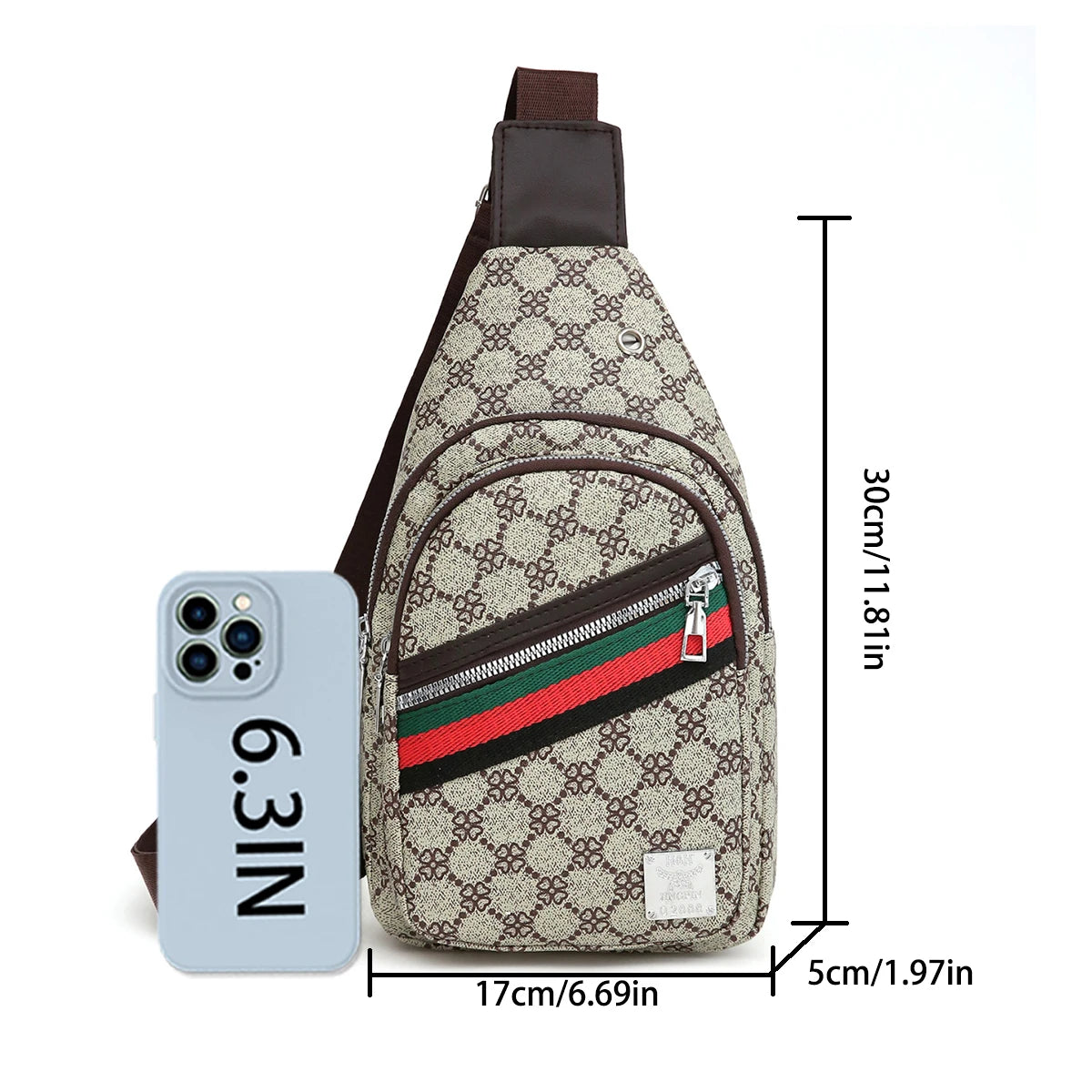 Sporty Functional Chest Bag Men Women Geometric Print Multi-Pocket Pu Headphone Port Shoulder