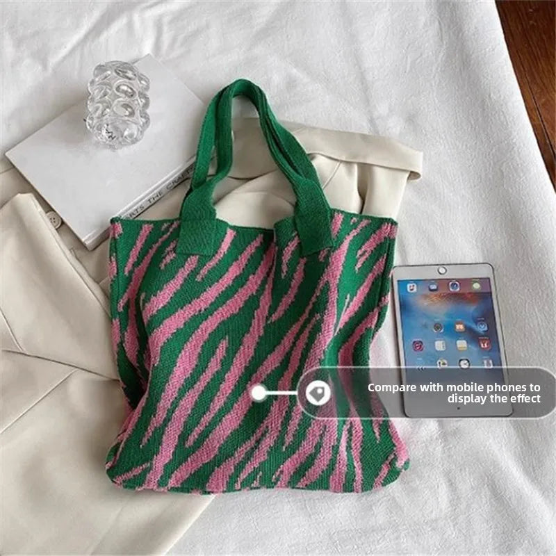 Striped Knitting Bag Commuter Large Capacity Tote Bags Woven Handbag Shoulder Bag Women Daily Use