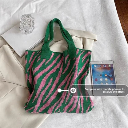 Striped Knitting Bag Commuter Large Capacity Tote Bags Woven Handbag Shoulder Bag Women Daily Use