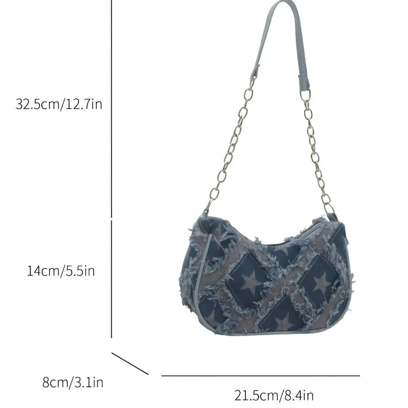 Denim Checkered Shoulder Bag for Women – Chain Strap Hobo Handbag