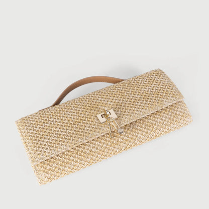 Straw Woven Clutch Bag – Gold Chain Crossbody Purse with Lock Closure