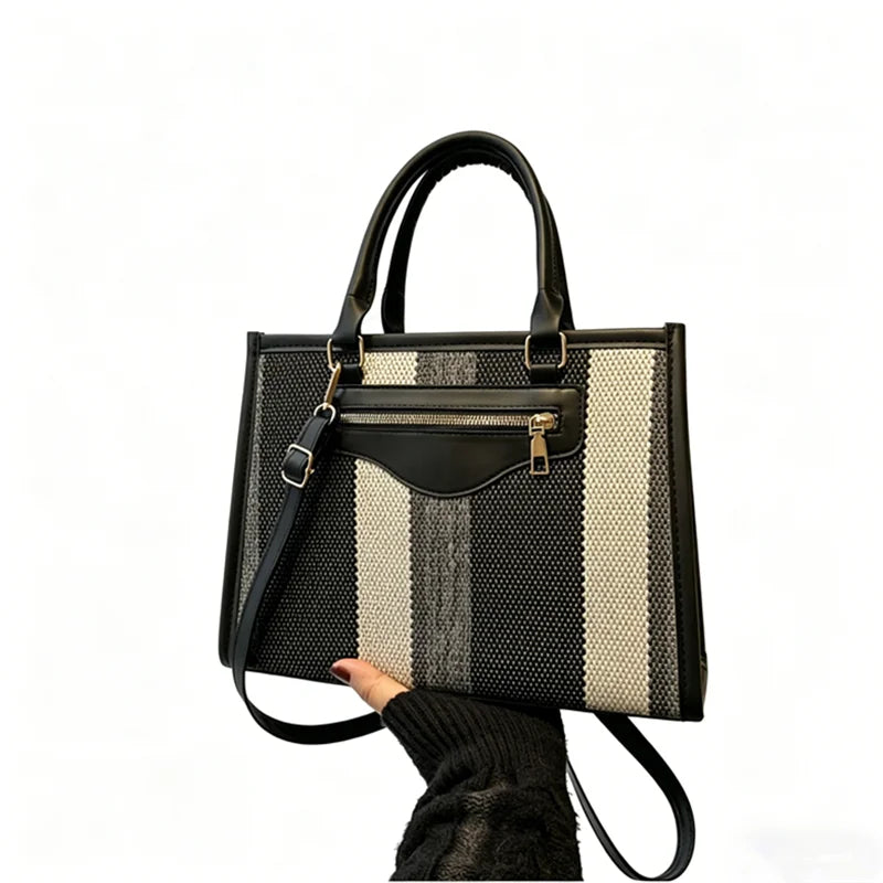 Chic Striped Canvas Tote Bag Work Weekend Every Premium Pu Leather Trim