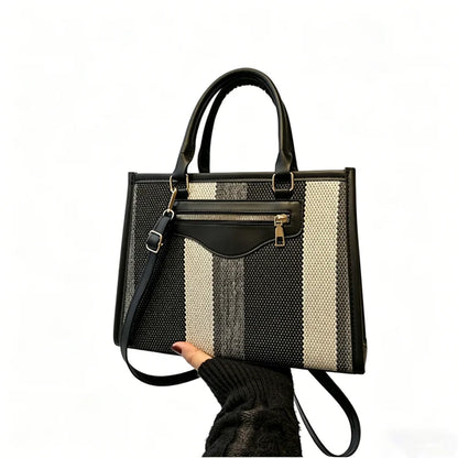 Chic Striped Canvas Tote Bag Work Weekend Every Premium Pu Leather Trim