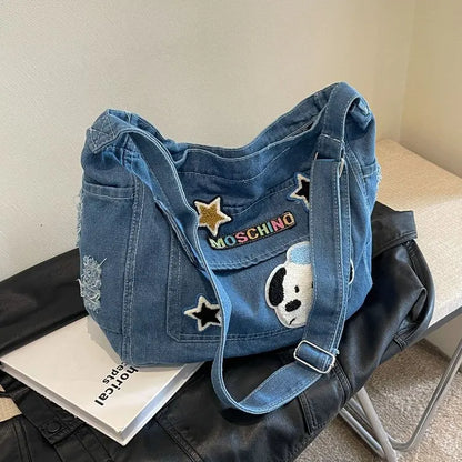 Cartoon Embroidered Denim Tote Bag – Crossbody Shoulder Bag
