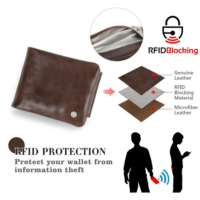 Rfid Anti-Theft Brush Full Grain Cowhide Three Fold Men S Wallet Horizontal Multi-Card Leather