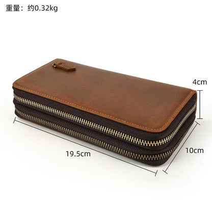 Men S Real Leather Long Wallet Crazy Horse Double Zipper Cowhinleather Hand Holding Extra Large
