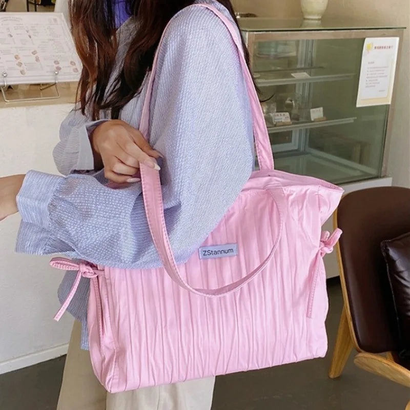 Striped Nylon Drawstring Tote Bag – Foldable Large Shoulder Bag