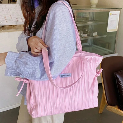 Large Nylon Tote Bag – Women's Pleated Drawstring Shoulder Handbag