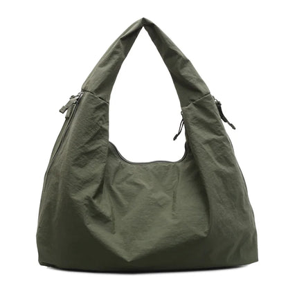 Chic Solid Color Nylon Tote Bag Multiple Zipper Pockets Large Capacity Casual Shoulder Bag College