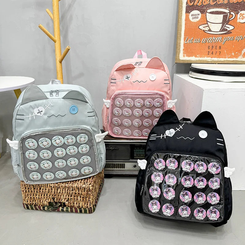 Kawaii Cat Ita Bag Backpack with Pin Display Pocket – Y2K Harajuku Style