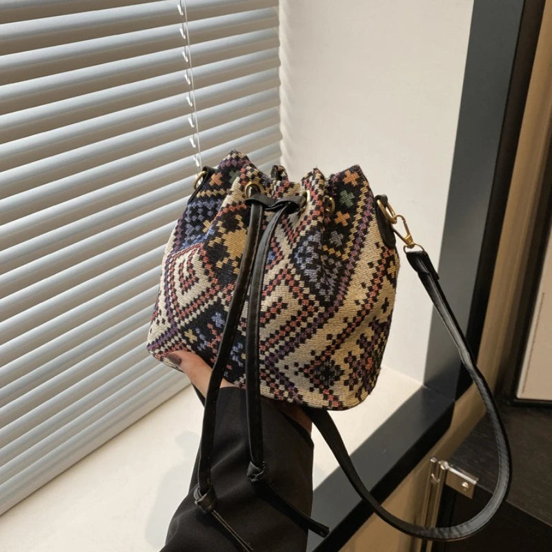 Floral Drawstring Bucket Bag for Women – Boho Crossbody Purse