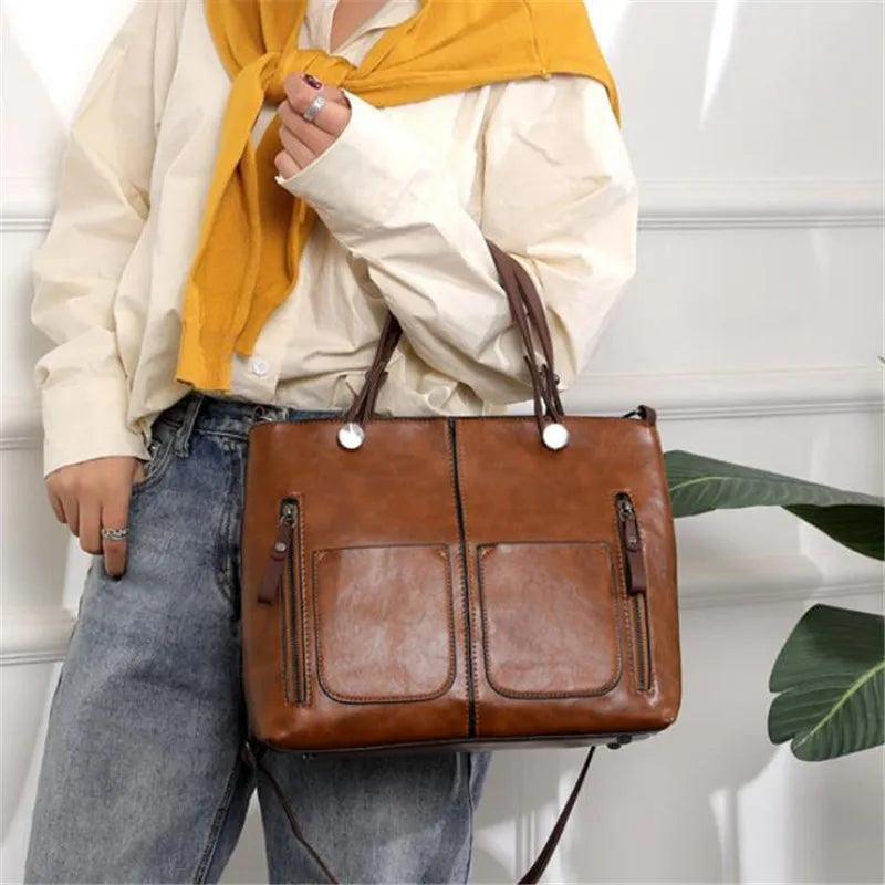 Retro Leather Tote Bag for Women with Double Pockets