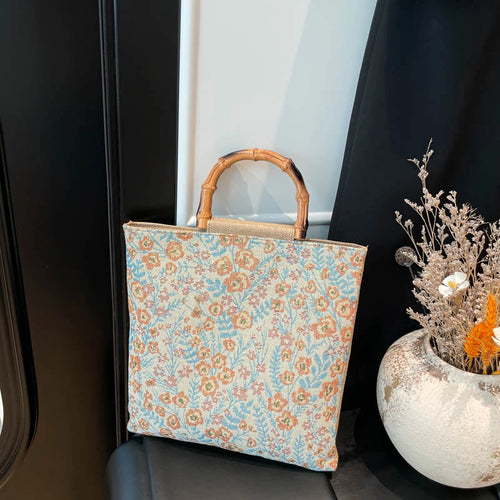 Vintage Artistic Embroidery Floral Pattern Shoulder Bag Bamboo Handle Women Tote Soft Fabric Handbag