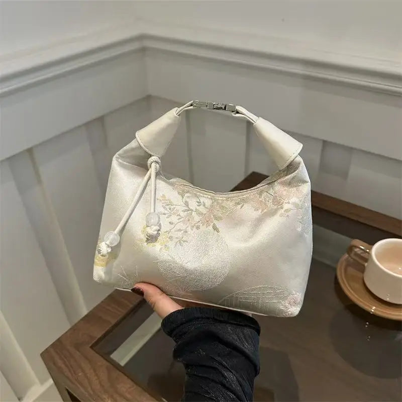 Satin Floral Shoulder Bag Chinese-Inspired Crossbody Handbag