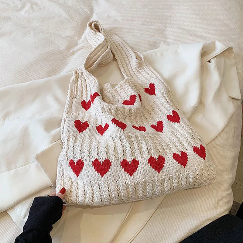 Knitted Love Pattern Tote Bag Stylish Woven Handbag Shoulder Bag Women Party Work