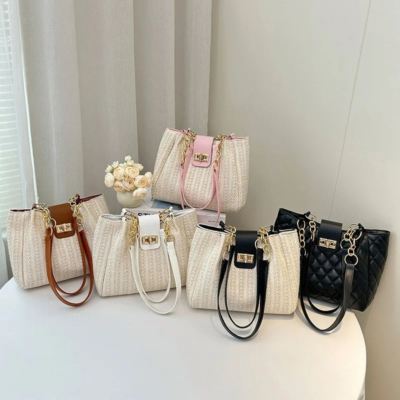 Stylish Straw Leather Tote Bag Gold Chain Grass Woven Women S Handbag Shoulder Bags Beach Days
