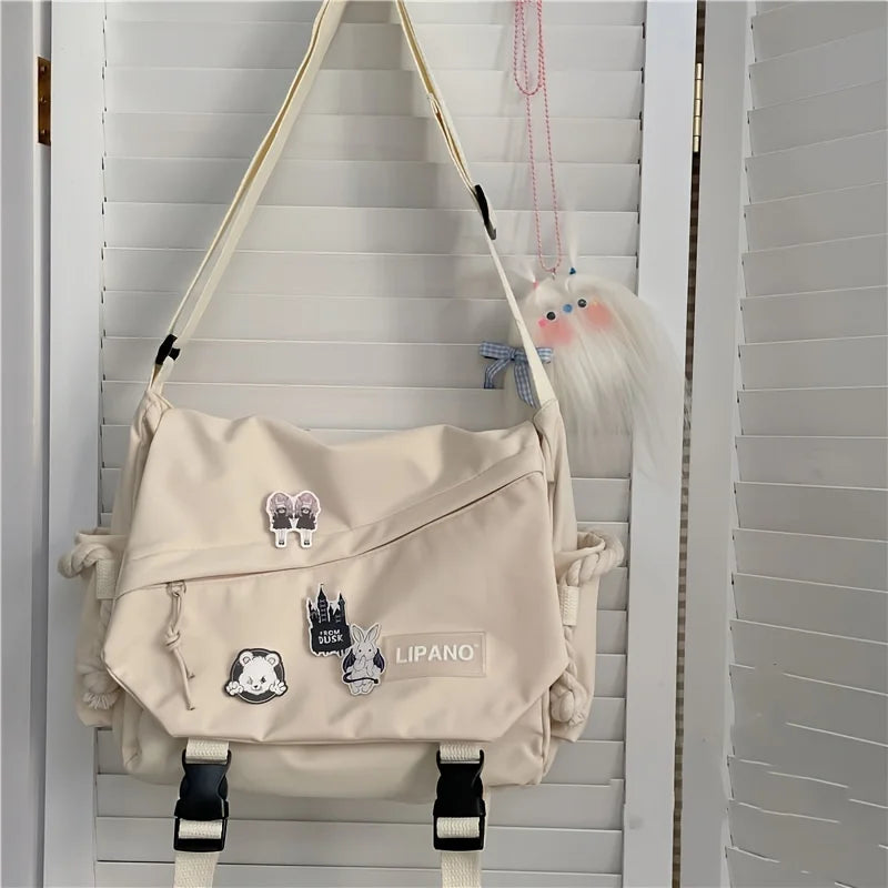 Large Nylon Crossbody Messenger Bag with Cute Pins – Harajuku Style