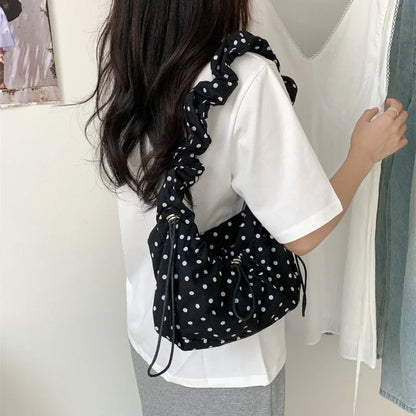 Women Polka Dot Underarm Bag Large Capacity Crossbody Retro Drawstring Pleated Dumpling Outdoor
