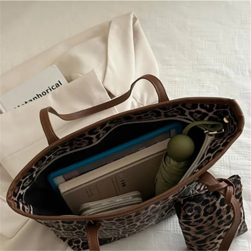 Leopard Tote Bag Pouch Stylish Synthetic Leather Handbag Shoulder Bag Large Capacity Shopping Bag
