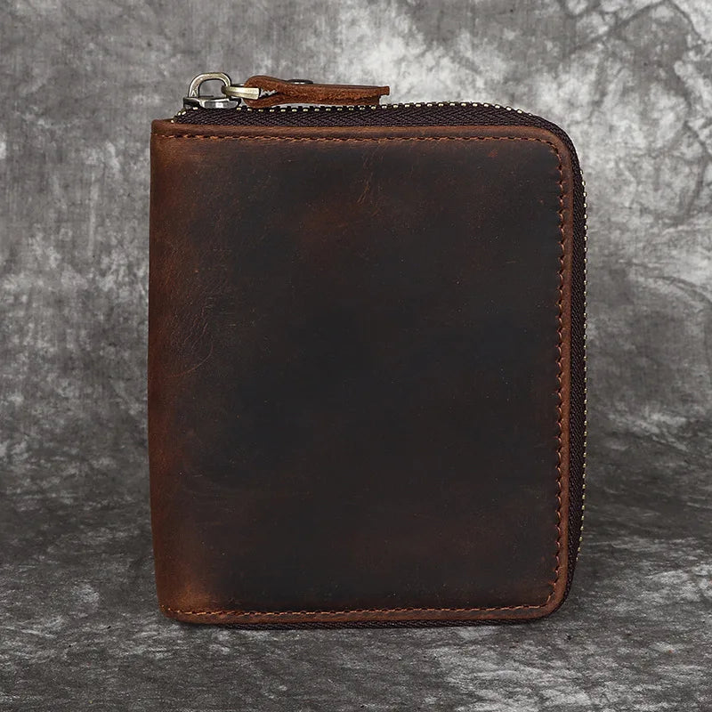 Crazy Horse Leather Men S Zipper Wallet Vertical Style Genuine Leather Cowhide Retro Handmade Change