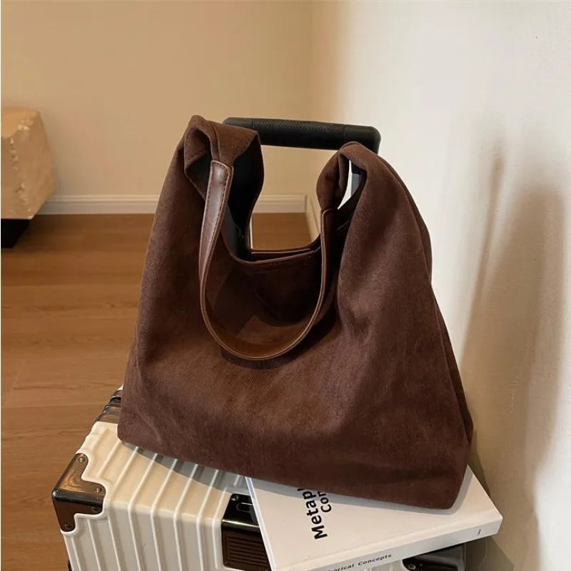 Faux Suede Tote Bag with Makeup Pouch – Large Capacity Women's Shoulder Bag