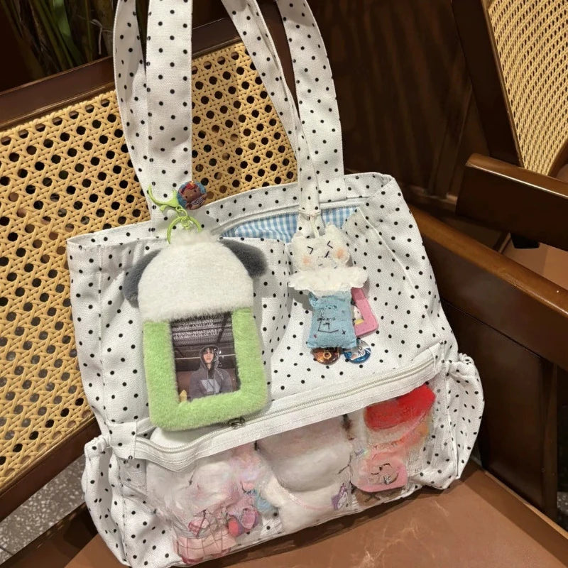 Cute Hand Ulzzang Y2k Ita Bag Girls Large Capacity Fashionable Polka Dot Canvas Shoulder Casual