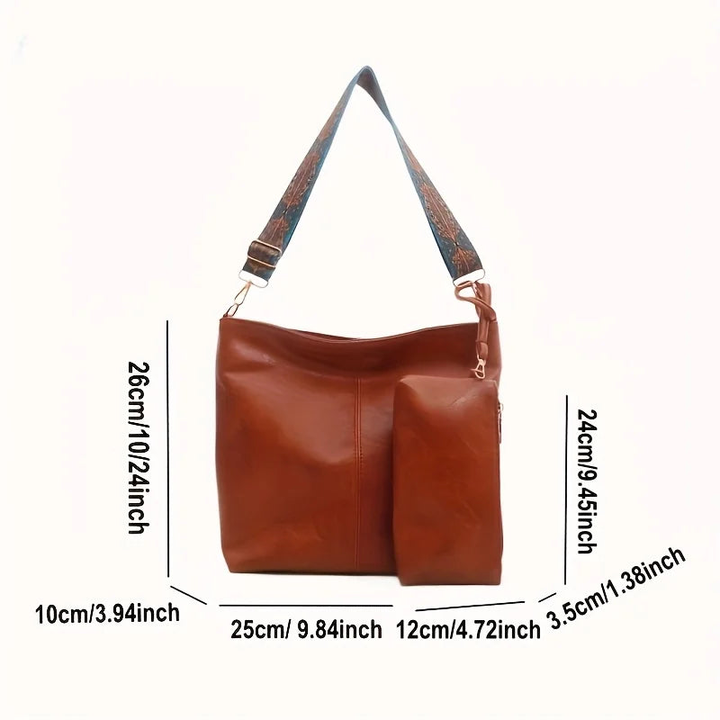 Retro PU Leather Bucket Tote Bag Set with Boho Wide Strap