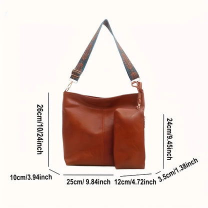Retro PU Leather Bucket Tote Bag Set with Boho Wide Strap