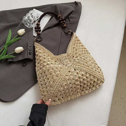 Crochet Woven Tote Bag – Wooden Bead Handle & Large Capacity