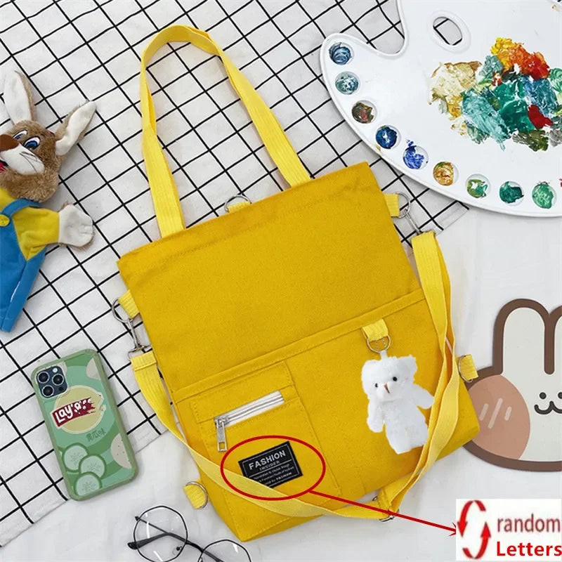 Cute Canvas Tote Bag Bear Pendant Stylish Bucket Crossbody Bag