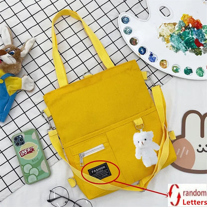 Cute Canvas Tote Bag Bear Pendant Stylish Bucket Crossbody Bag