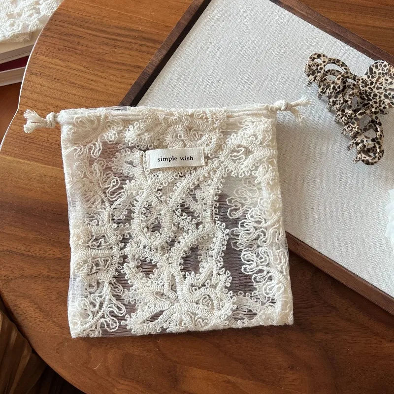 Lace Drawstring Makeup Pouch – Vintage Floral Hollow Design