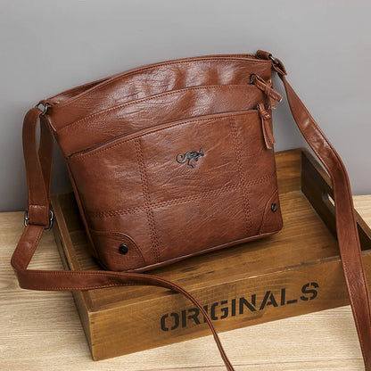 Soft Washed Leather Crossbody Bag – Retro Multi-Pocket Shoulder Messenger