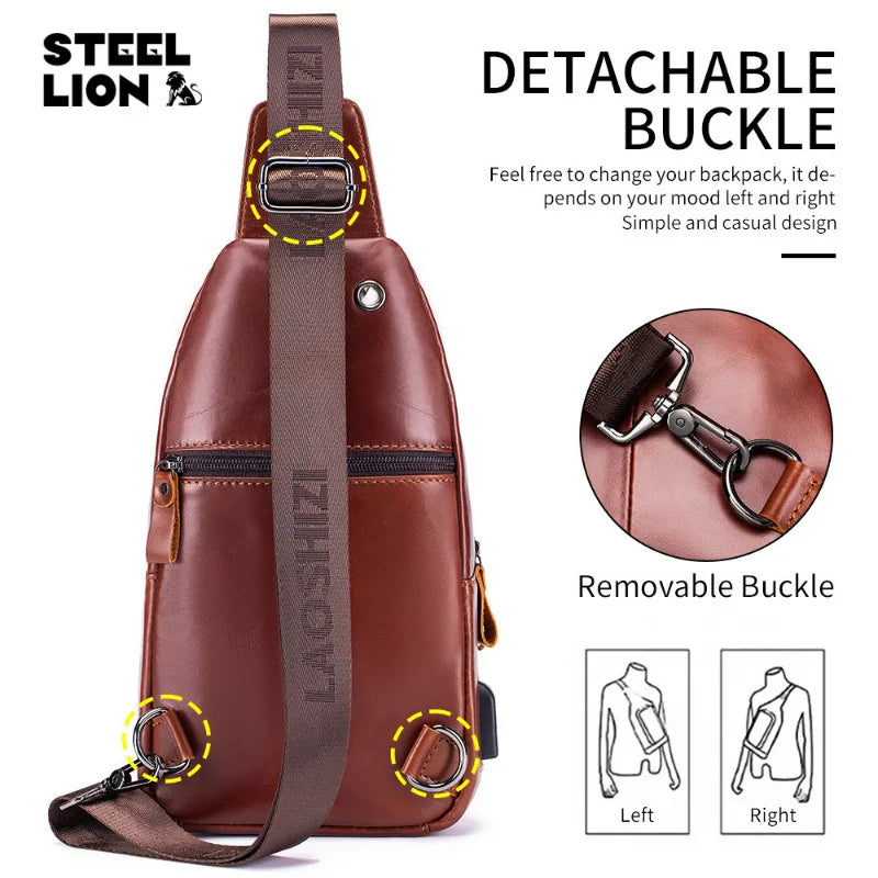 Large-Capacity Genuine Leather Men S Single-Shoulder Crossbody Usb Chest Bag Top Layer Cowhide