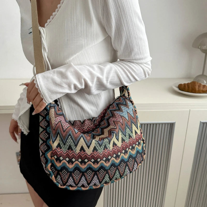 Boho Canvas Shoulder Bag – Adjustable Strap with Fur Ball Charm