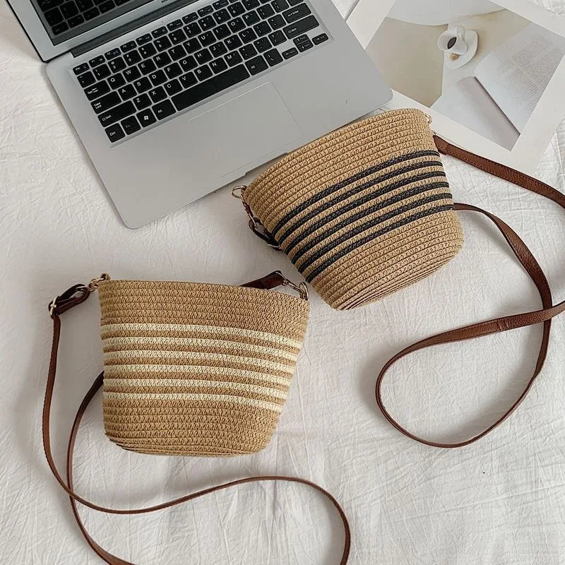 Women Straw Woven Crossbody Bags Striped Beach Shoulder Purse Leather Strap Casual Summer Chic