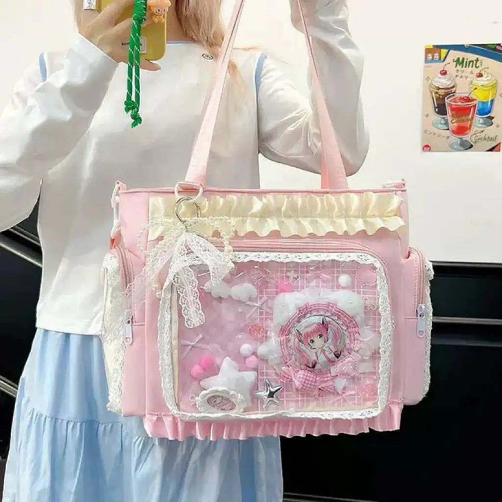 Y2K Lace Ita Shoulder Bag – Transparent Crossbody Tote for Women