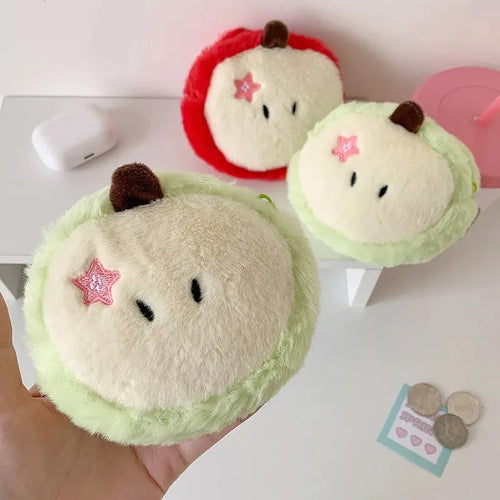 Cute Apple Shape Plush Bag Creative Cartoon Pendant Mini Storage Students Earphone Data Cable