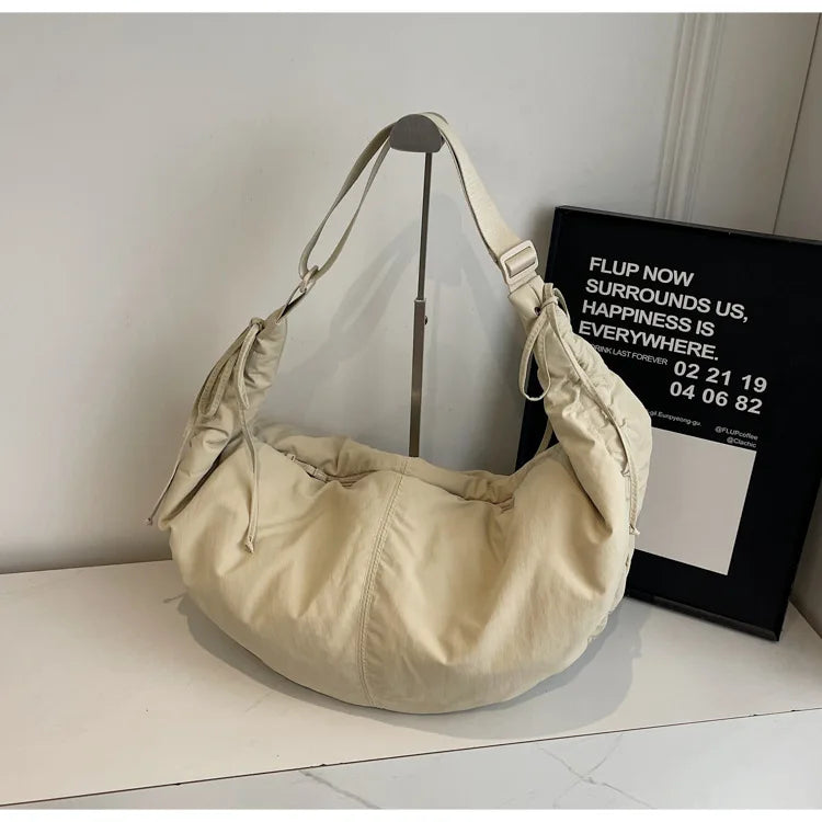 Nylon Crossbody Bag – Soft Drawstring Crescent Shoulder Bag for Women