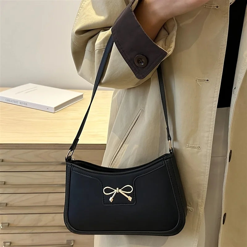 Bow Detail Shoulder Bag for Women – Chic Leather Underarm Purse
