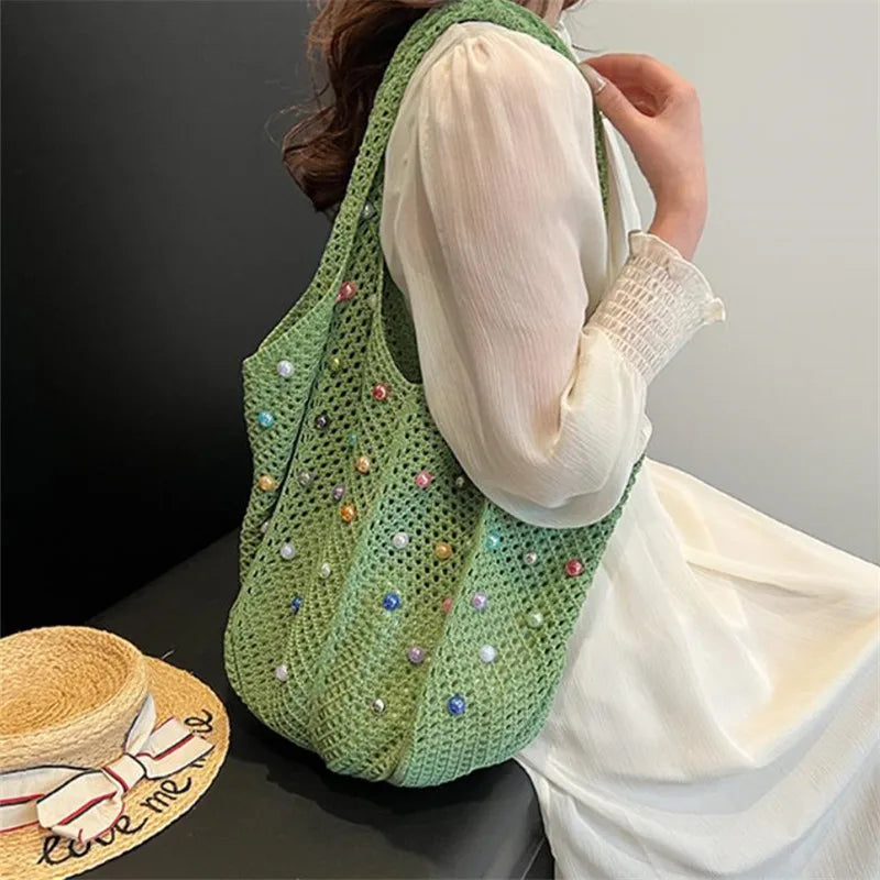 Hollow-Out Woven Tote Bag with Colorful Beads