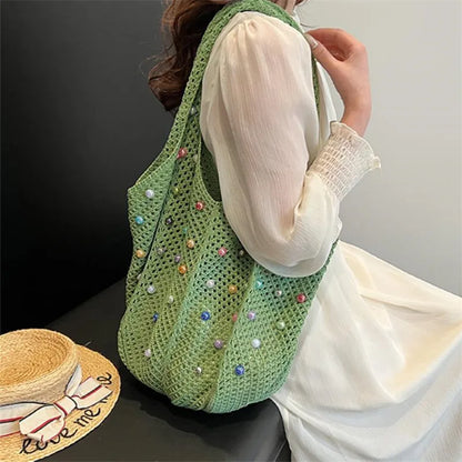 Hollow-Out Woven Tote Bag with Colorful Beads