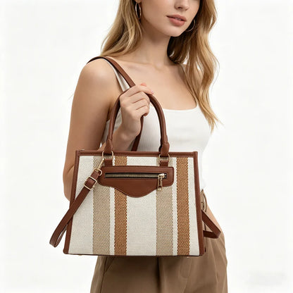 Chic Striped Canvas Tote Bag Work Weekend Every Premium Pu Leather Trim