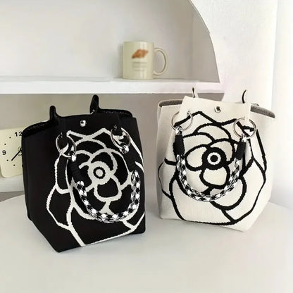 Camellia Print Knit Mini Tote Bag with Braided Handles