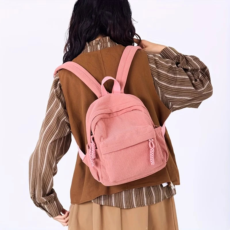 Daily Soft Corduroy Small Backpack Drawstring Decor Design - Soft
