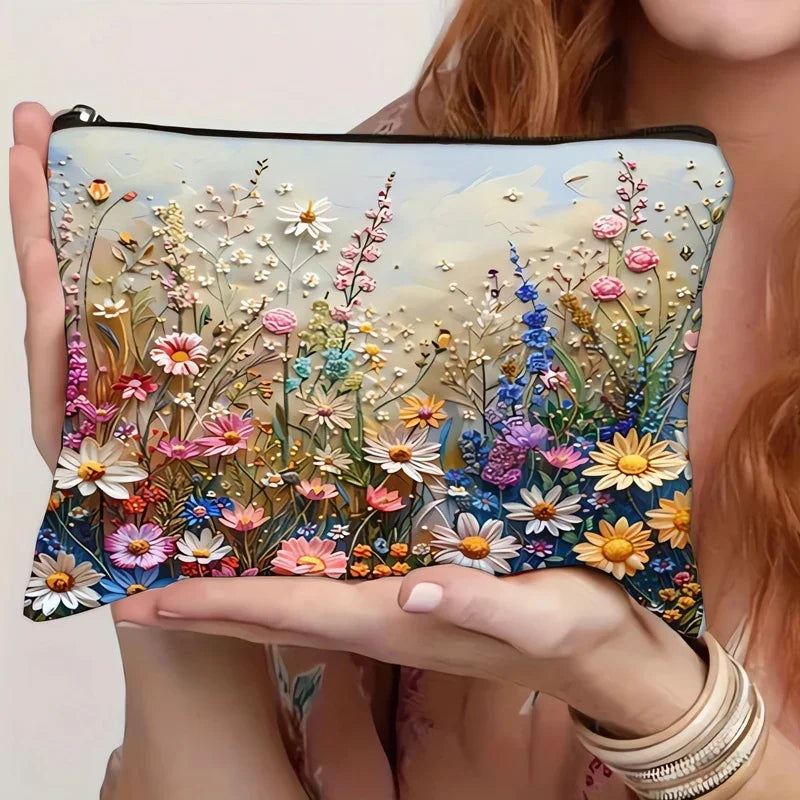 Floral Canvas Makeup Bag – Large Capacity Travel Cosmetic Pouch