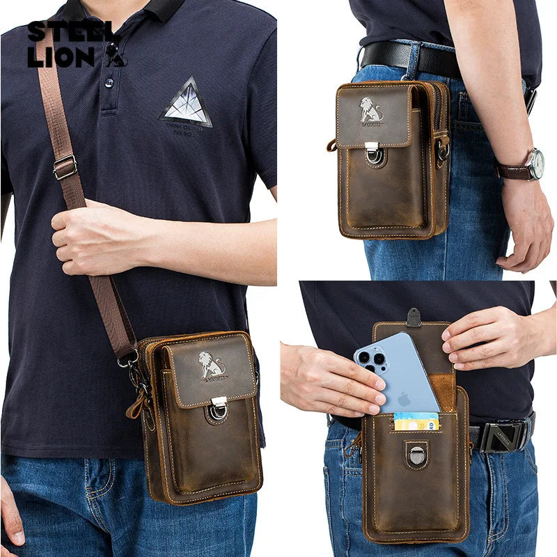Crazy Horse Leather Men Casual Wear Belt Mobile Phone Pocket Head Layer Cowhide Multi-Function